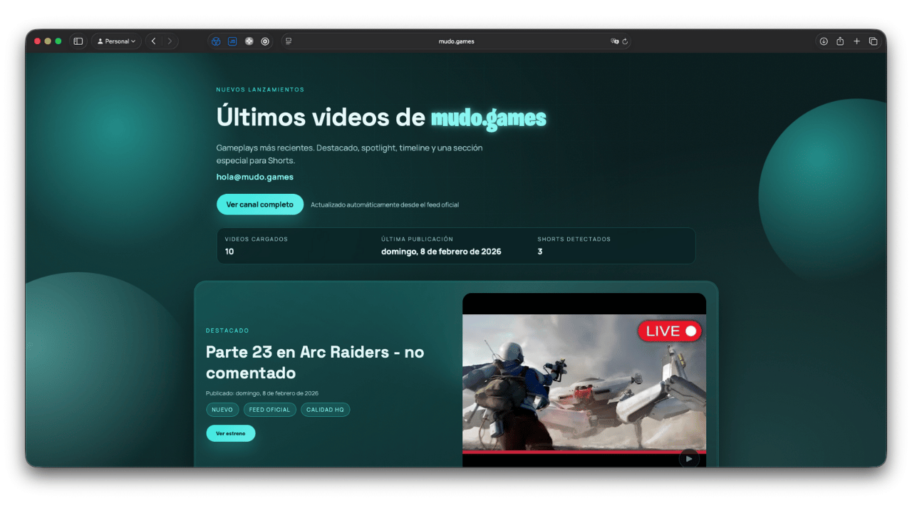 Sitio mudo.games con contenido automatizado de YouTube